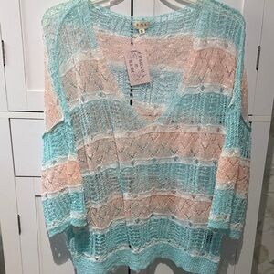 NWT POL Blue and Tan Knit Top. Oversized small.